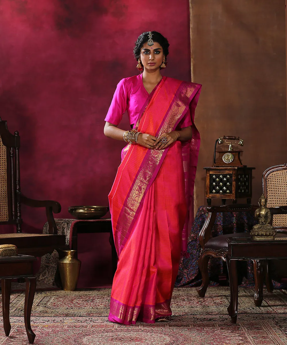 Handloom Pink And Orange Check Pure Silk Kanjivaram Saree With Purple Border