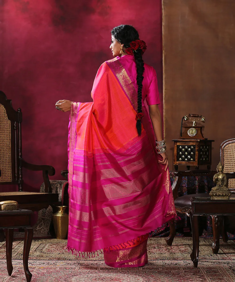 Handloom Pink And Orange Check Pure Silk Kanjivaram Saree With Purple Border