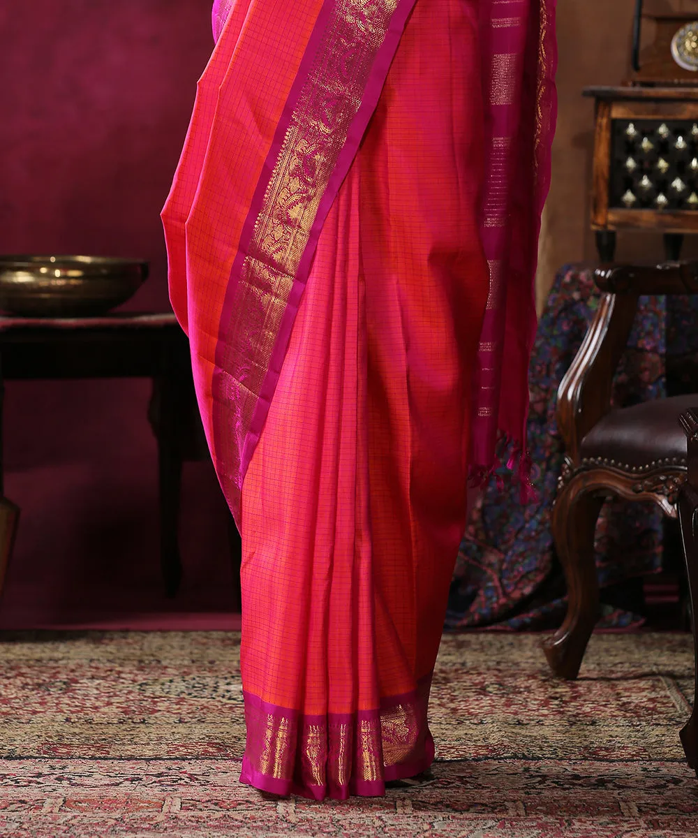 Handloom Pink And Orange Check Pure Silk Kanjivaram Saree With Purple Border