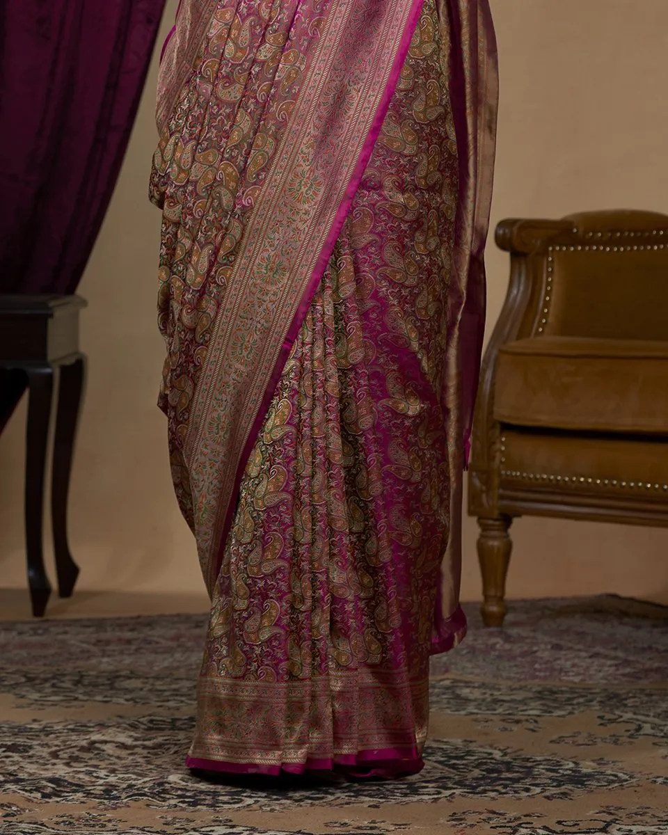 Handloom Pink Reshmi Pure Katan Silk Jamawar Tanchoi Banarasi Saree With Meenakari