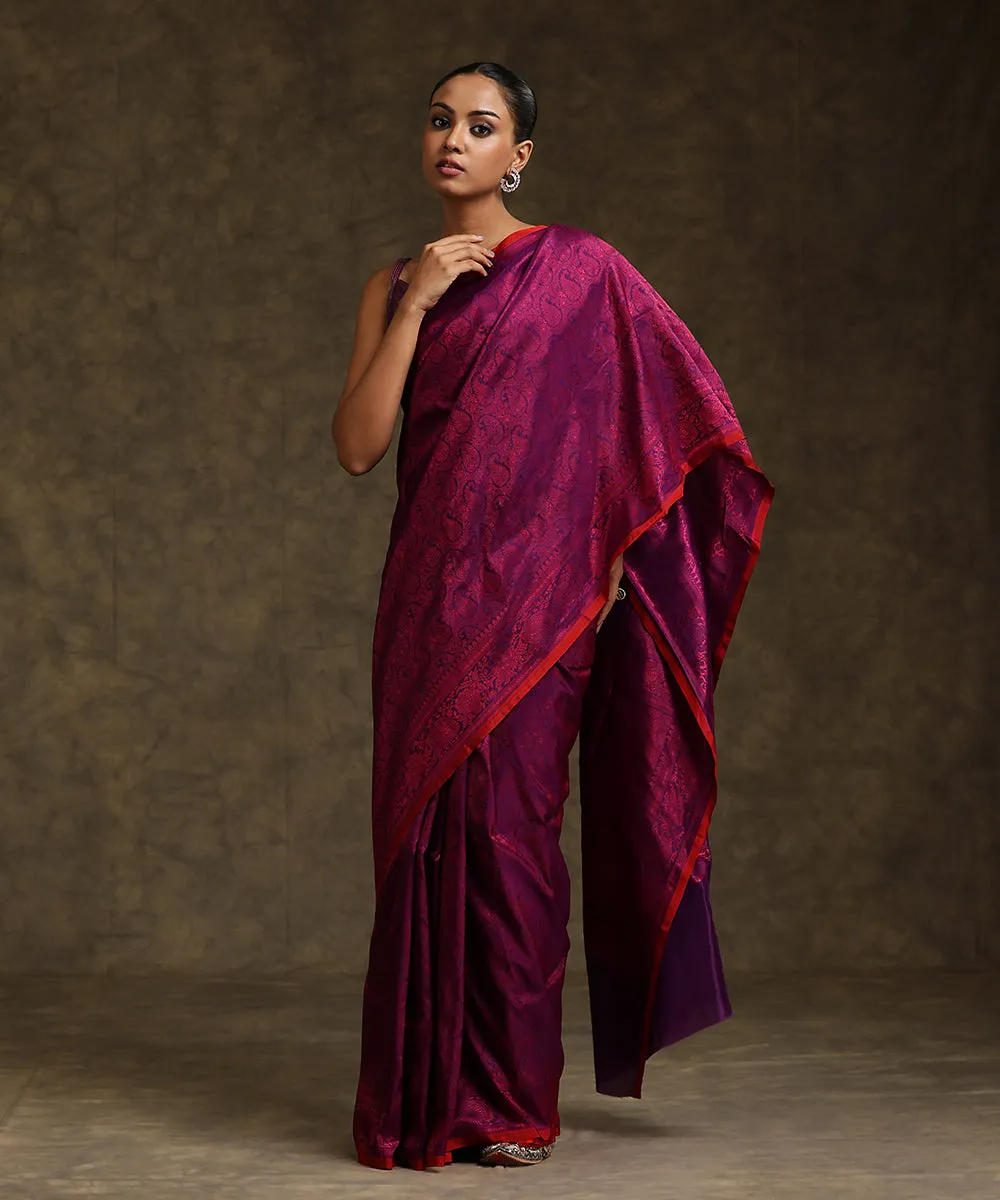 Handloom Purple Pure Katan Silk Tanchoi Banarasi Saree With Purple Resham Work