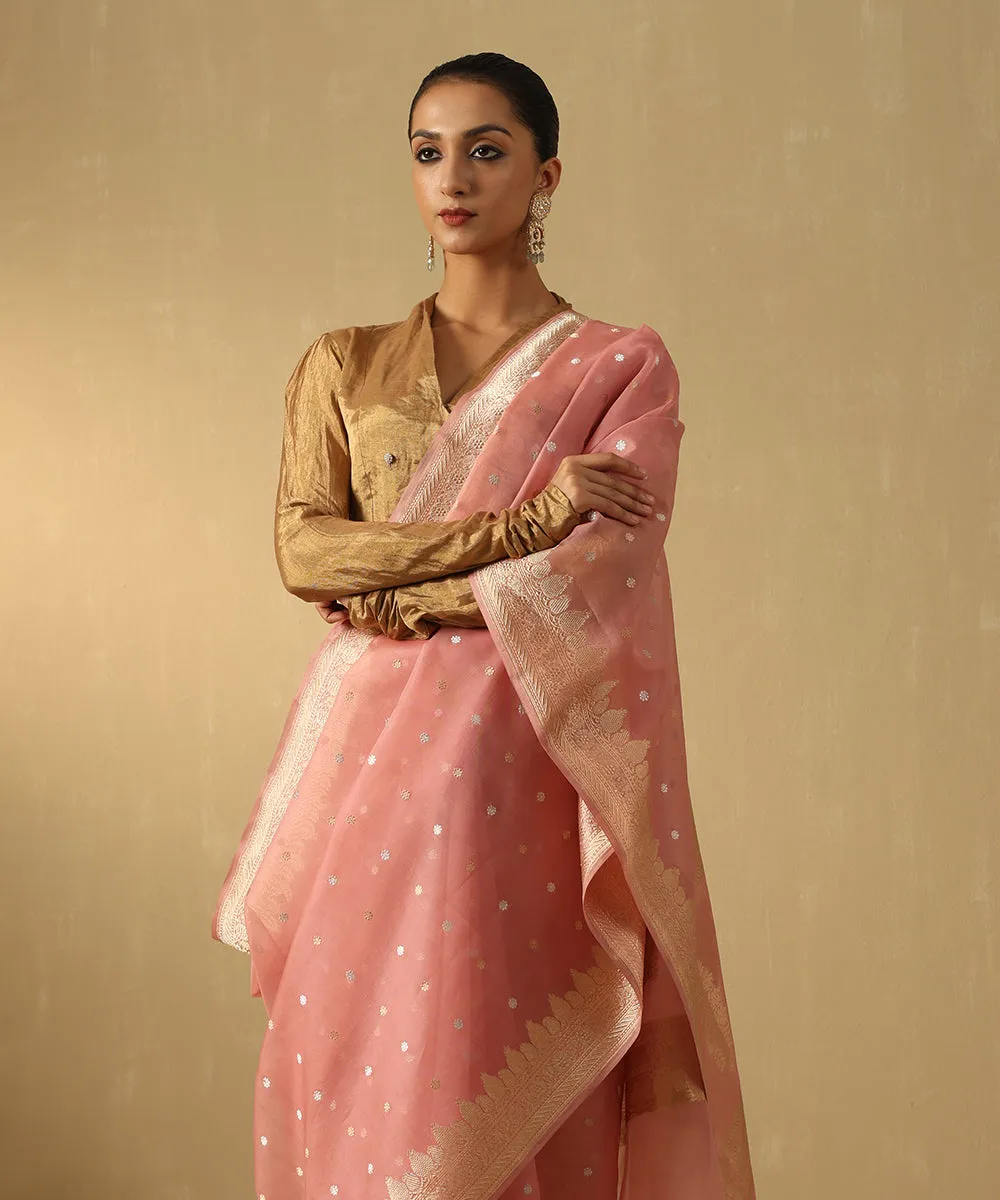 Handloom Soft Pink Pure Kora Silk Banarasi Saree With Sona Rupa Booti And Floral Border