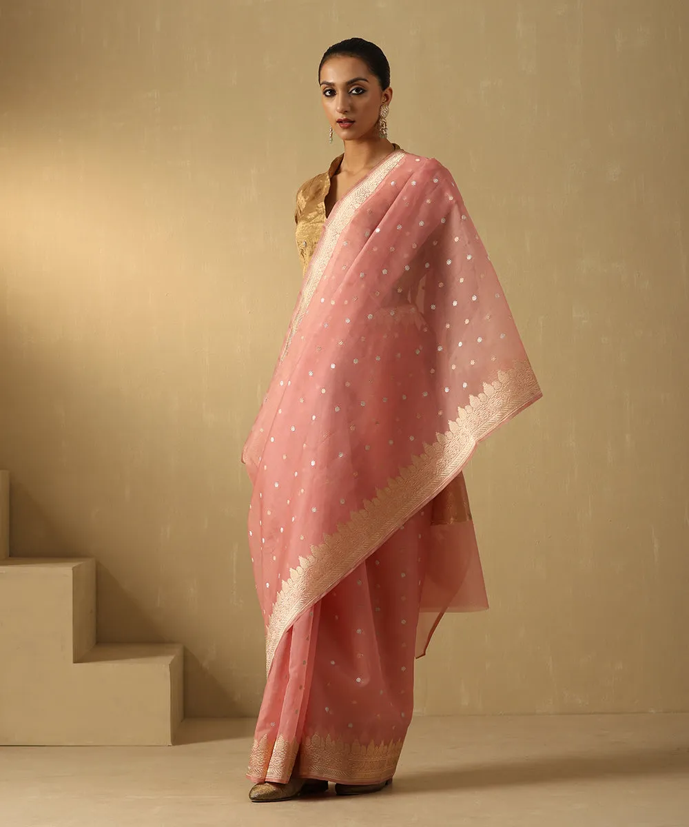 Handloom Soft Pink Pure Kora Silk Banarasi Saree With Sona Rupa Booti And Floral Border