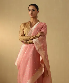 Handloom Soft Pink Pure Kora Silk Banarasi Saree With Sona Rupa Booti And Floral Border