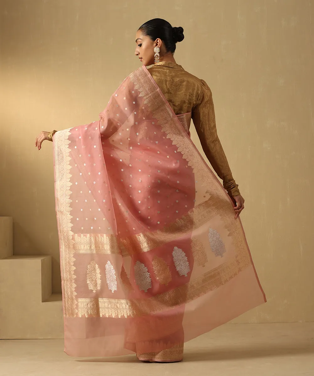 Handloom Soft Pink Pure Kora Silk Banarasi Saree With Sona Rupa Booti And Floral Border