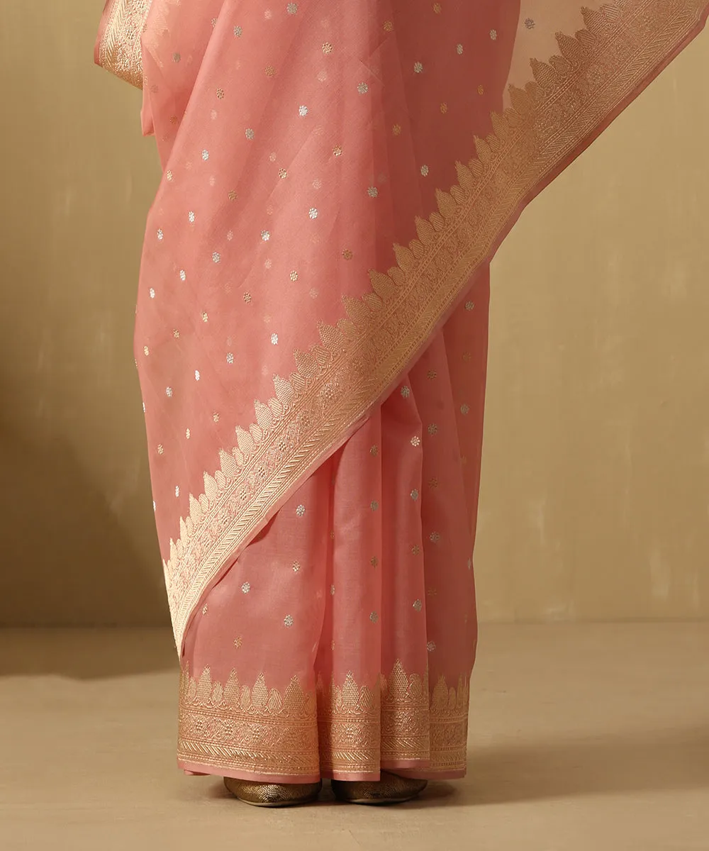 Handloom Soft Pink Pure Kora Silk Banarasi Saree With Sona Rupa Booti And Floral Border