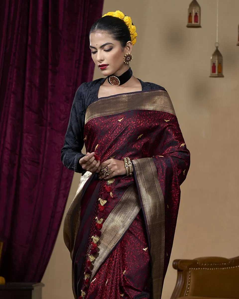 Handloom Wine Pure Katan Silk Jamawar Tanchoi Banarasi Saree with Peacock Motifs