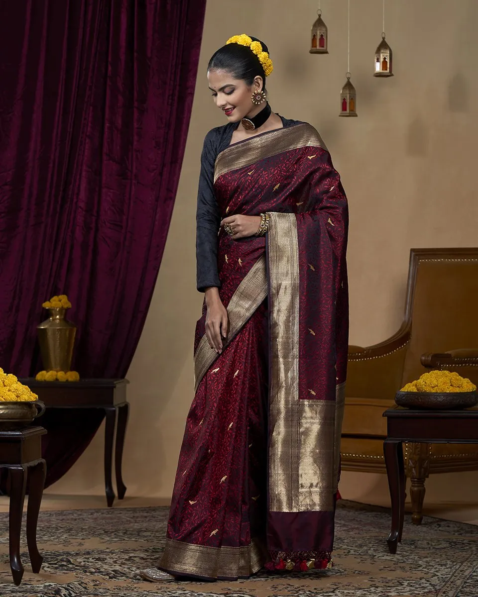 Handloom Wine Pure Katan Silk Jamawar Tanchoi Banarasi Saree with Peacock Motifs