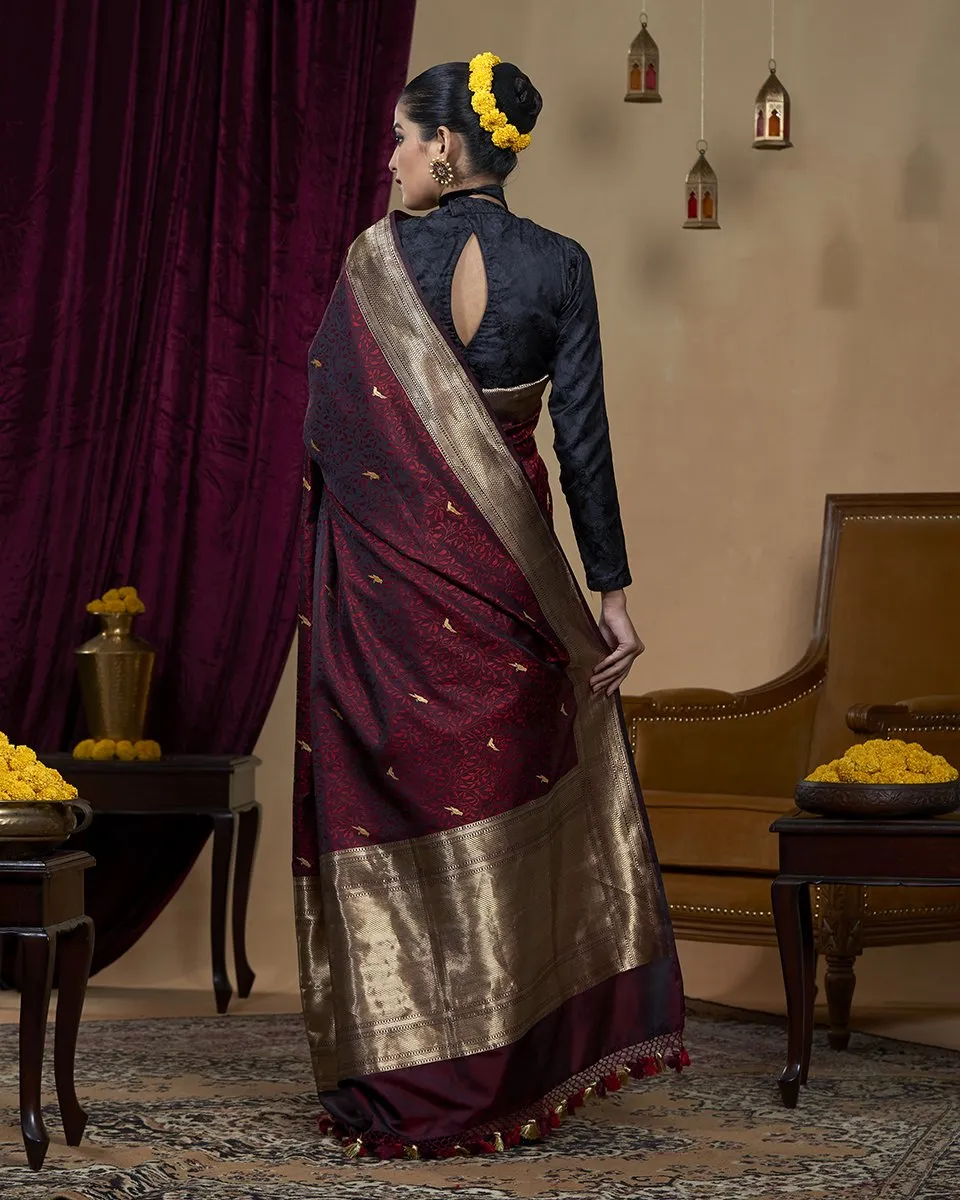 Handloom Wine Pure Katan Silk Jamawar Tanchoi Banarasi Saree with Peacock Motifs