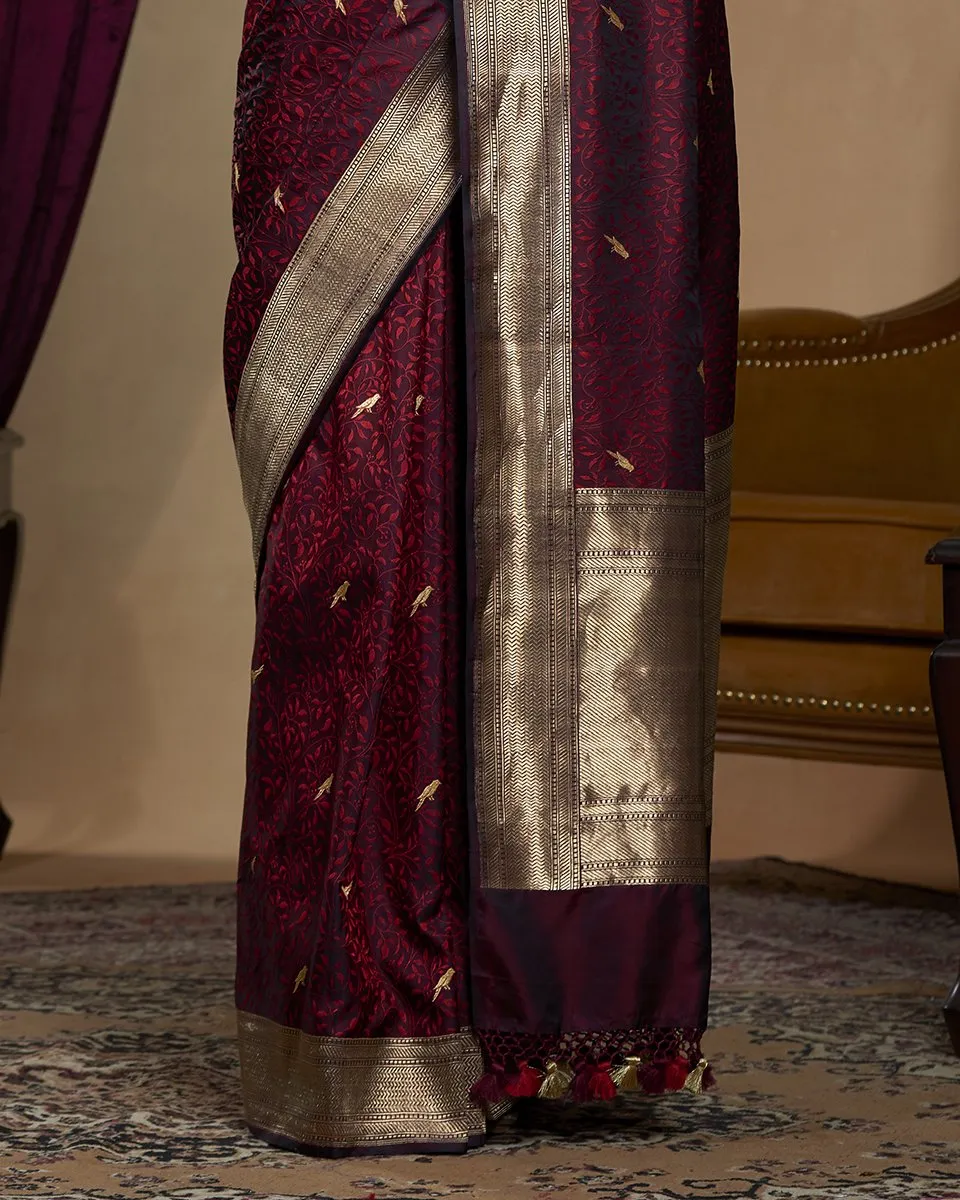 Handloom Wine Pure Katan Silk Jamawar Tanchoi Banarasi Saree with Peacock Motifs