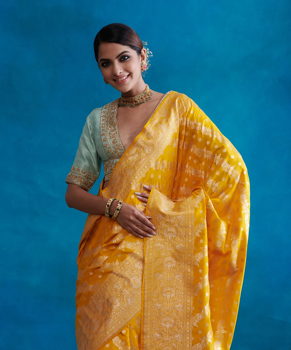 Handloom Yellow Pure Katan Silk Banarasi Saree With Cutwork Jaal