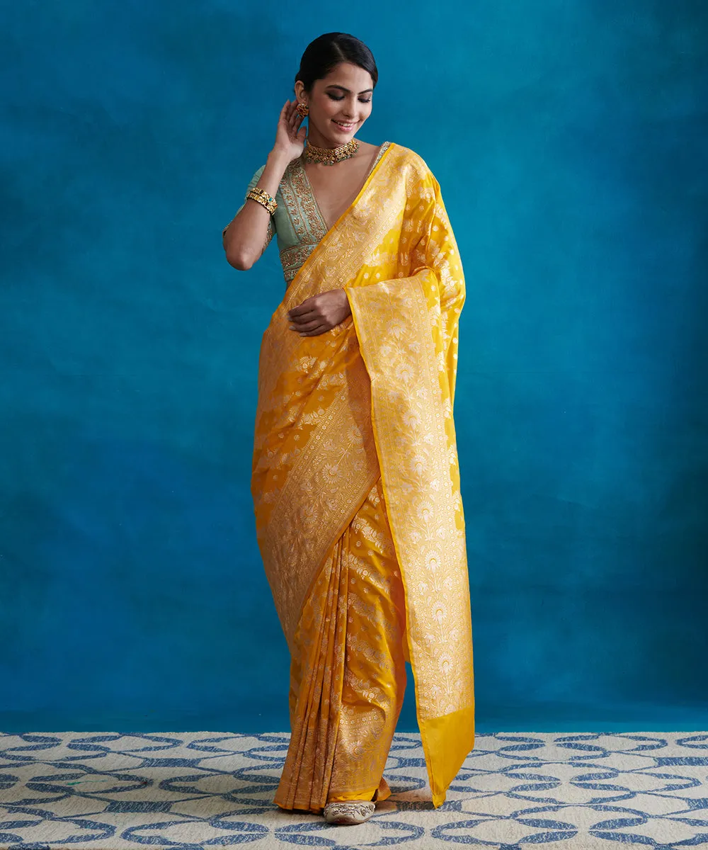 Handloom Yellow Pure Katan Silk Banarasi Saree With Cutwork Jaal