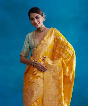 Handloom Yellow Pure Katan Silk Banarasi Saree With Cutwork Jaal