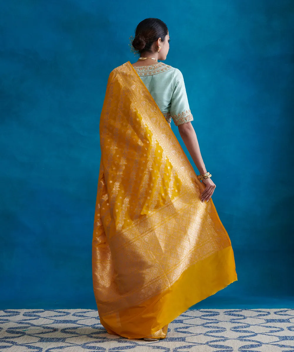 Handloom Yellow Pure Katan Silk Banarasi Saree With Cutwork Jaal