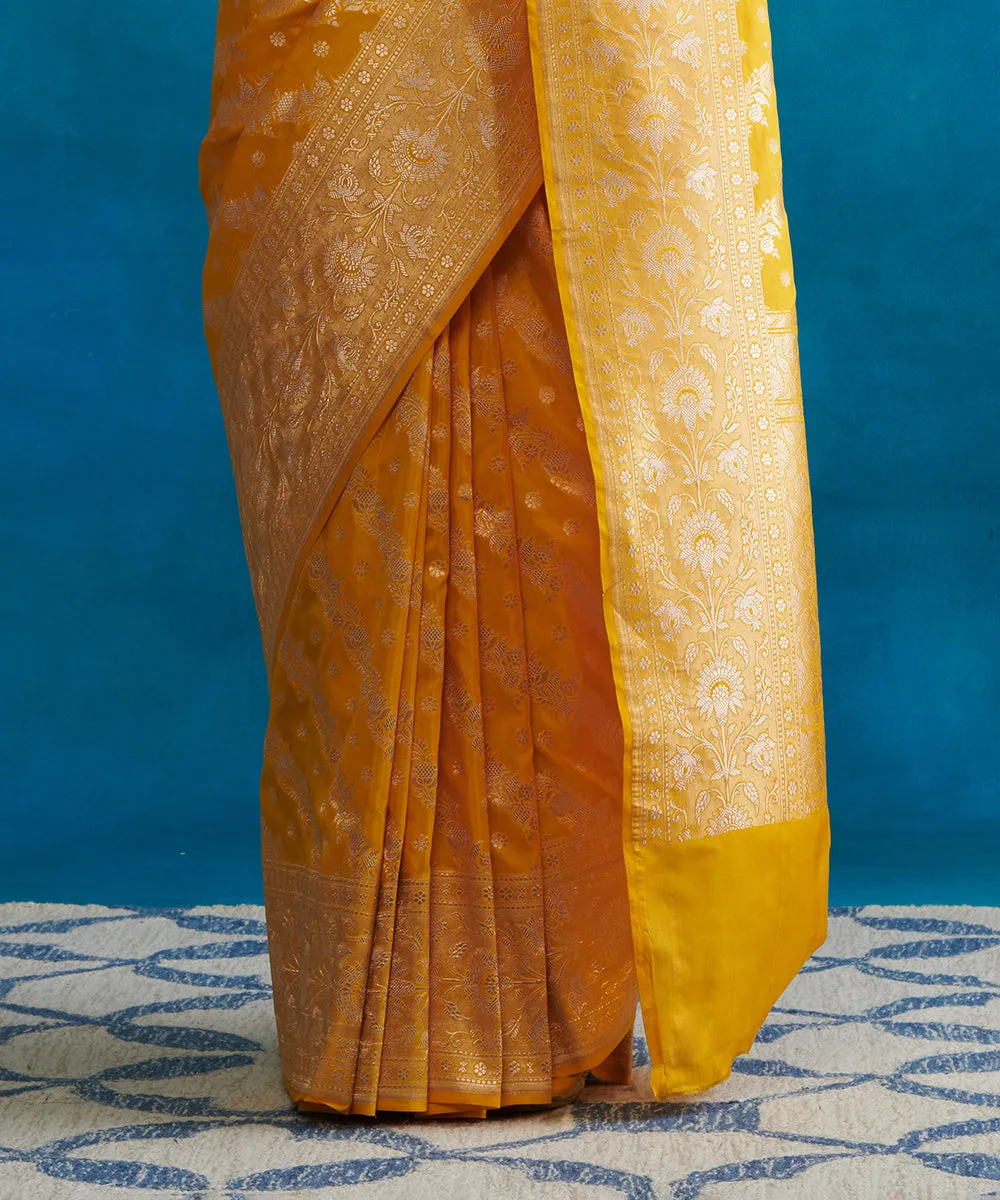 Handloom Yellow Pure Katan Silk Banarasi Saree With Cutwork Jaal