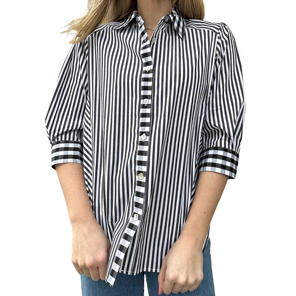 Heidi Stripe bottom Front Check Combo Shirt - Black/White