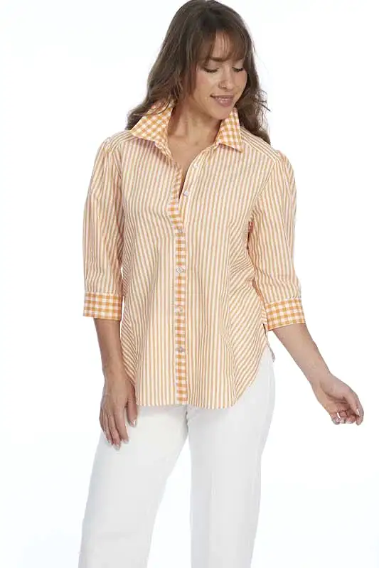 Heidi Stripe bottom Front Check Combo Shirt - Orange/White