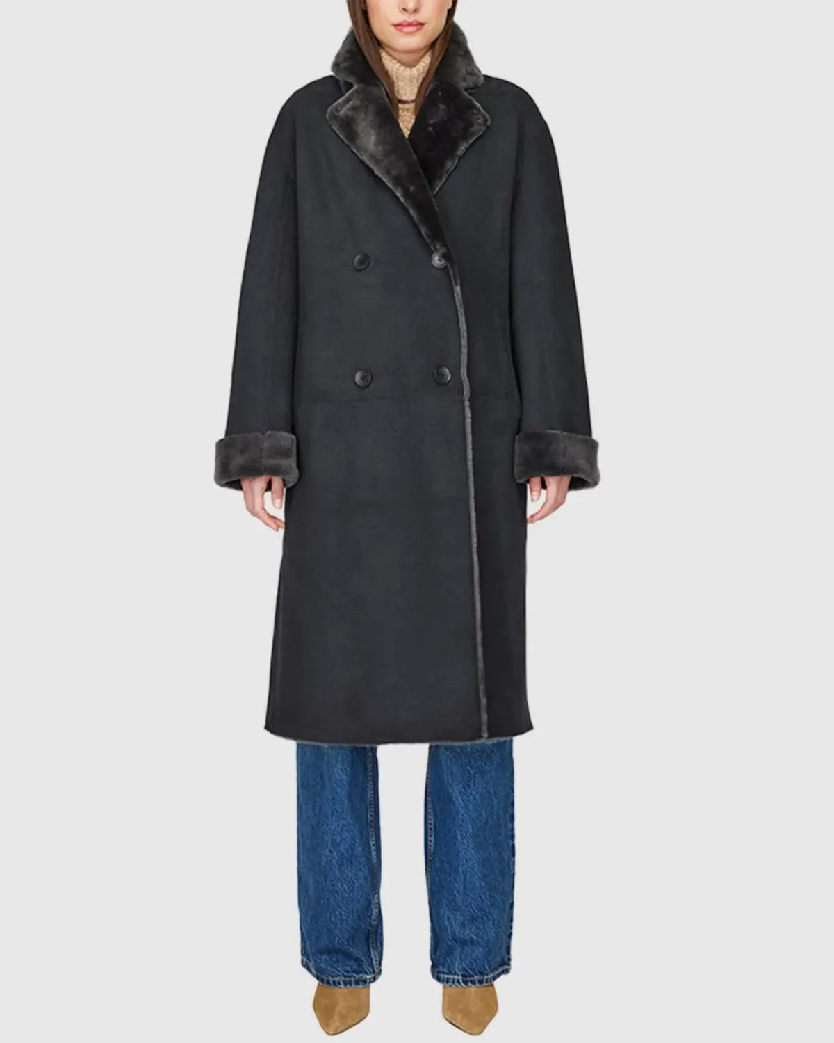 HiSO Elle Suede Shearling Coat - Graphite