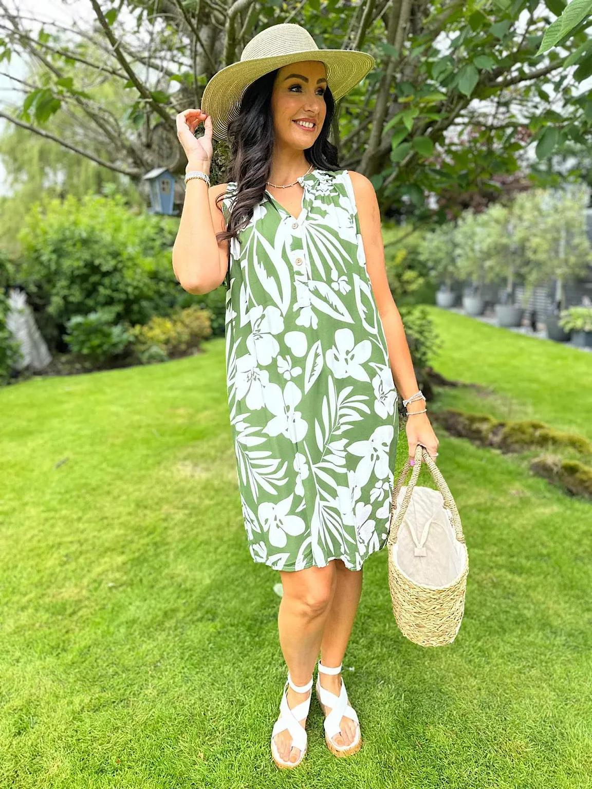 Khaki Floral Sleeveless Tunic Dress Jade