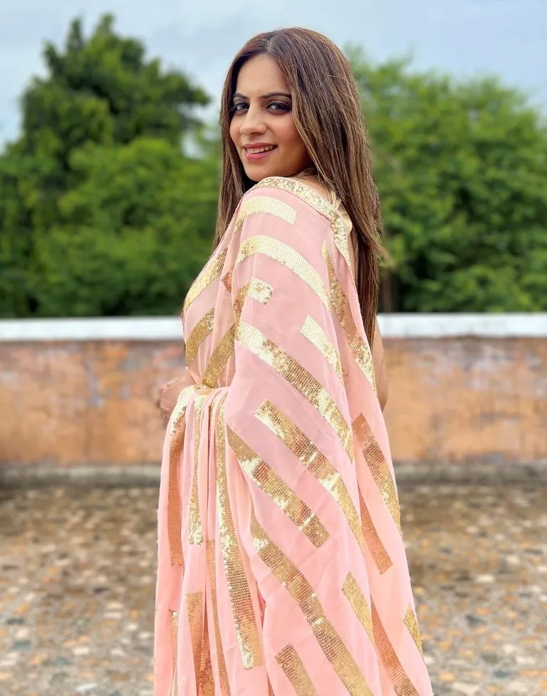 Light Peach Georgette Plain Sarees