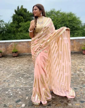 Light Peach Georgette Plain Sarees