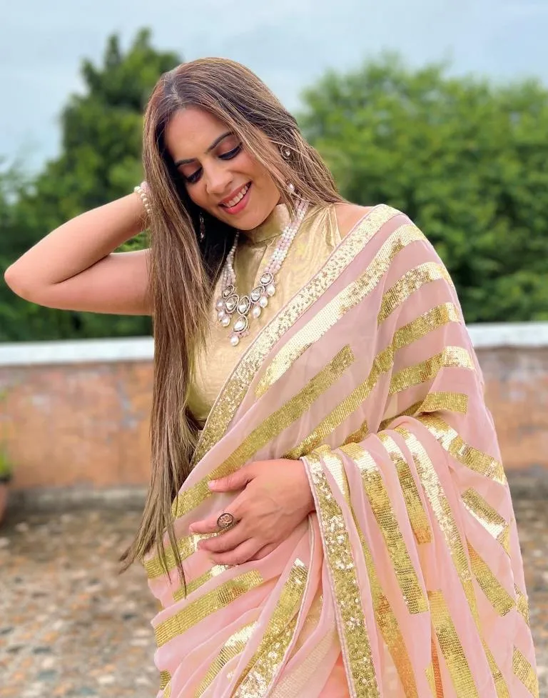 Light Peach Georgette Plain Sarees