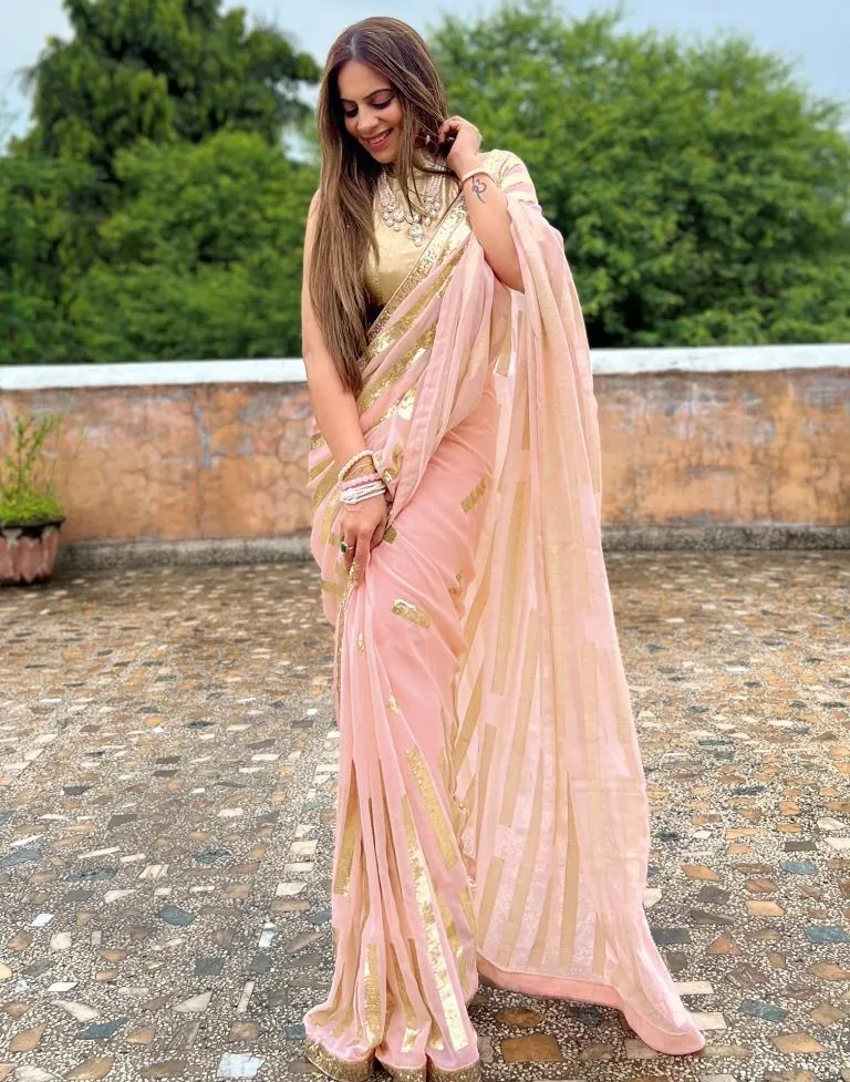 Light Peach Georgette Plain Sarees