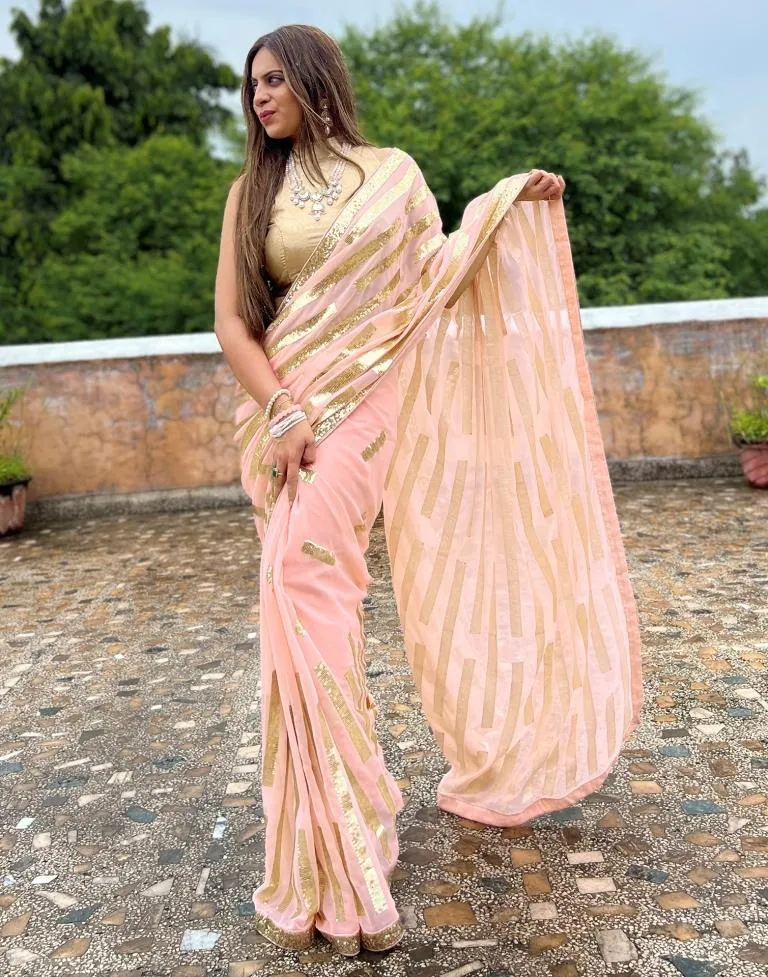 Light Peach Georgette Plain Sarees