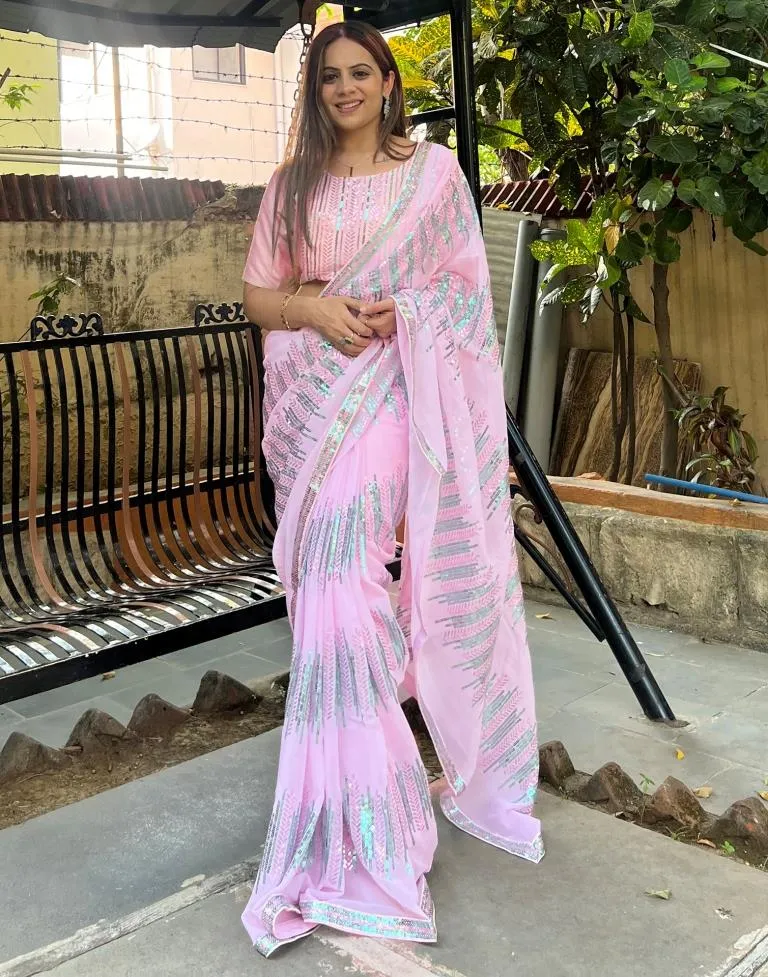 Light Pink Georgette Plain Sarees