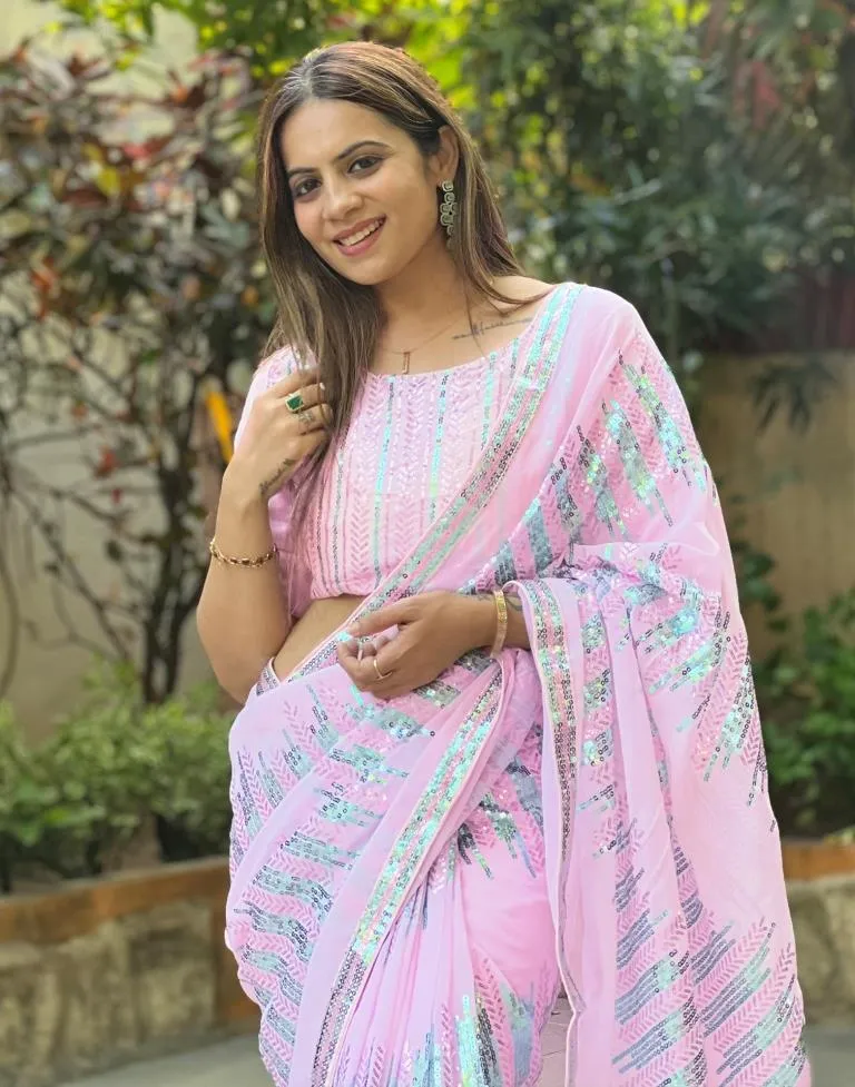 Light Pink Georgette Plain Sarees