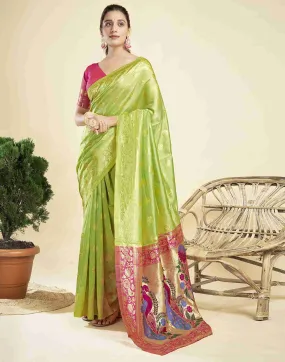 Lime Green Silk Woven Paithani Saree