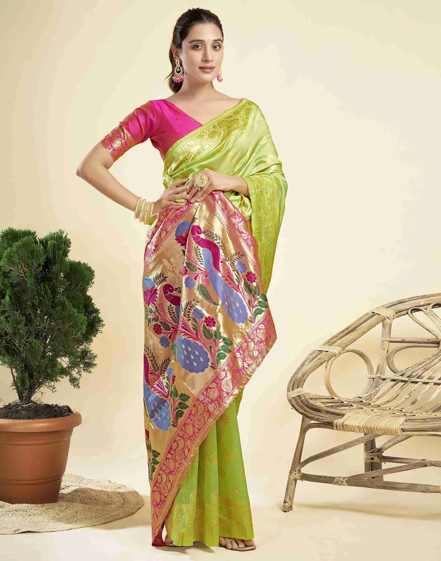 Lime Green Silk Woven Paithani Saree