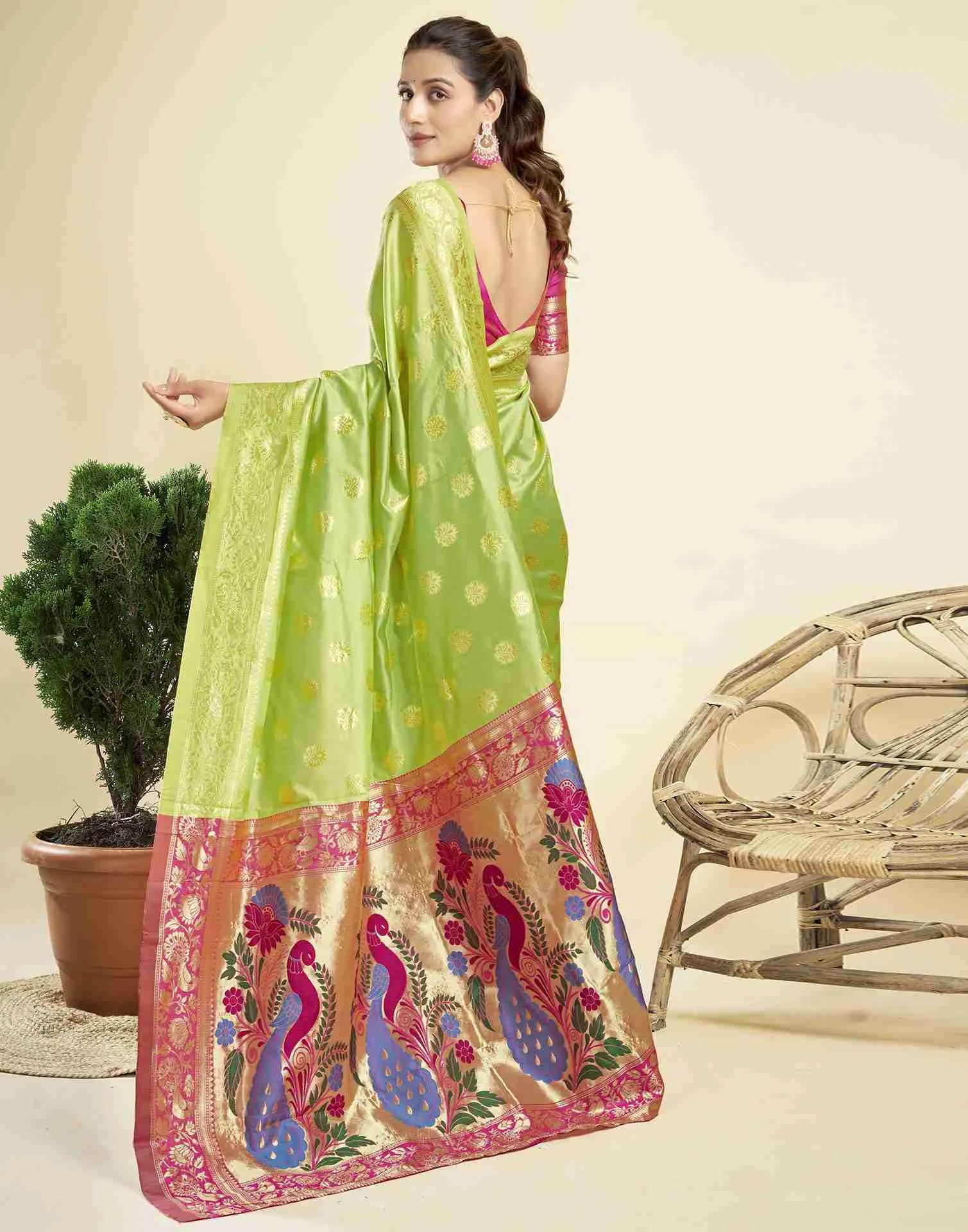 Lime Green Silk Woven Paithani Saree