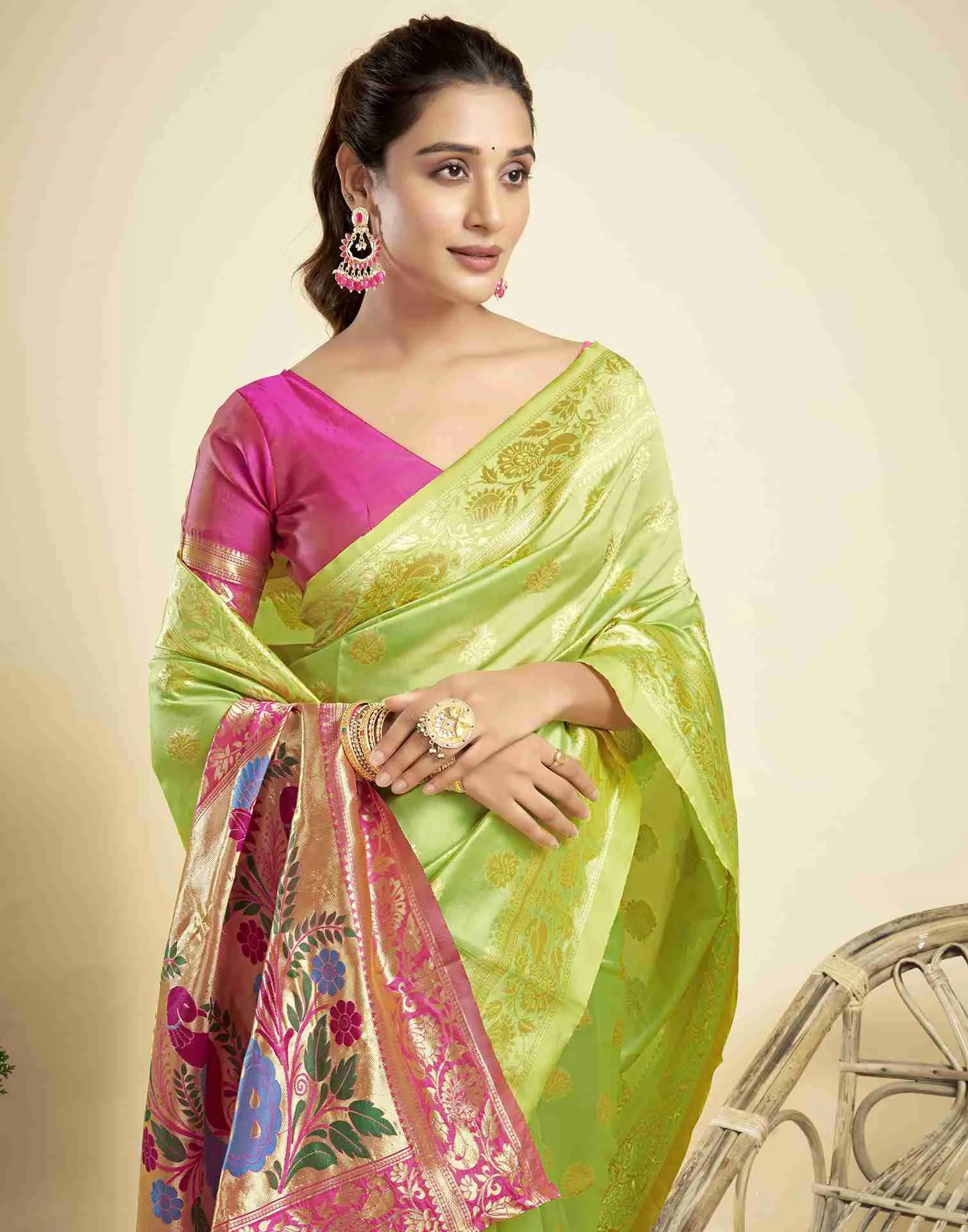 Lime Green Silk Woven Paithani Saree