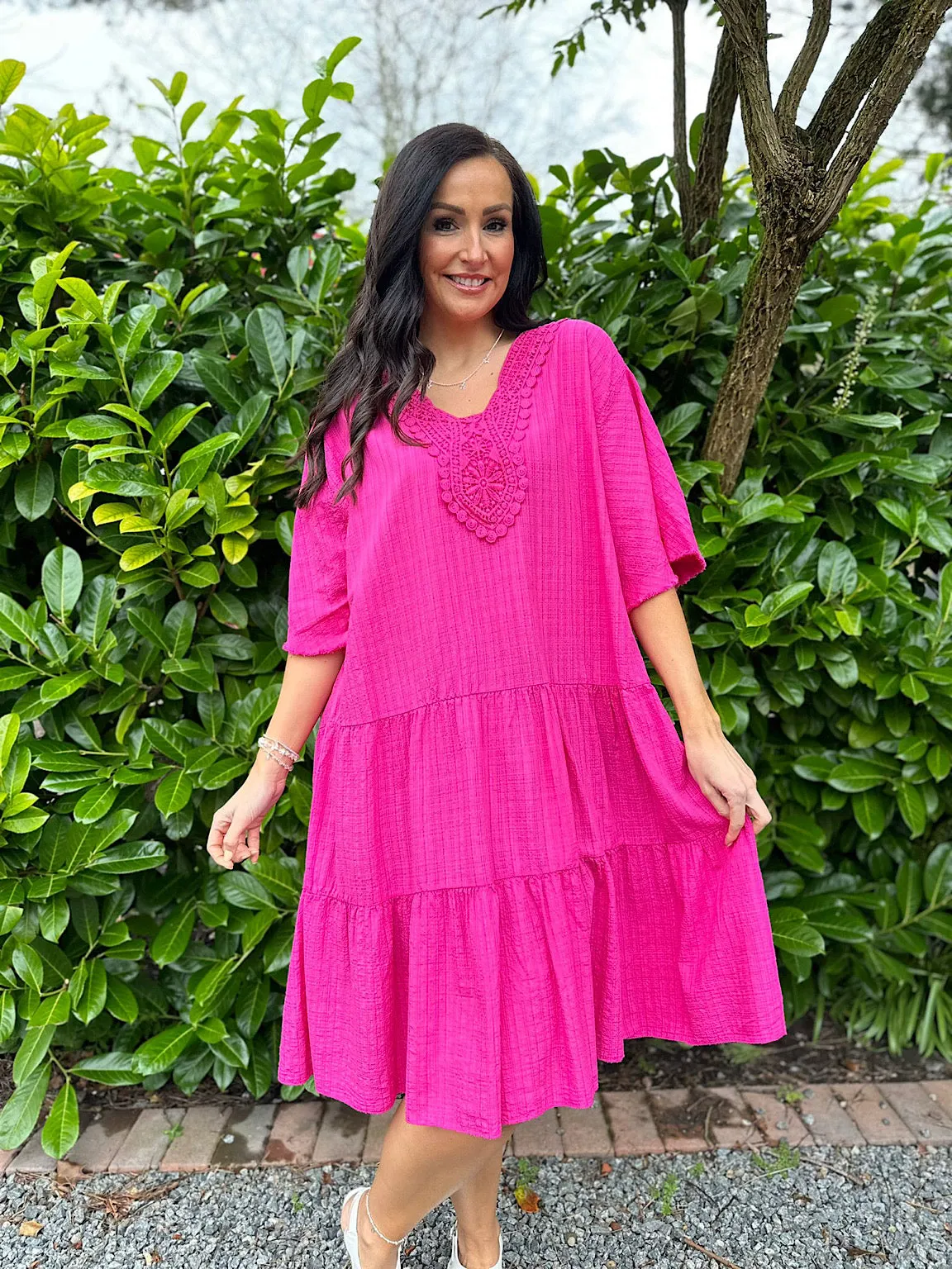 Lipstick Pink Crochet Tiered Tunic Dress Brenda