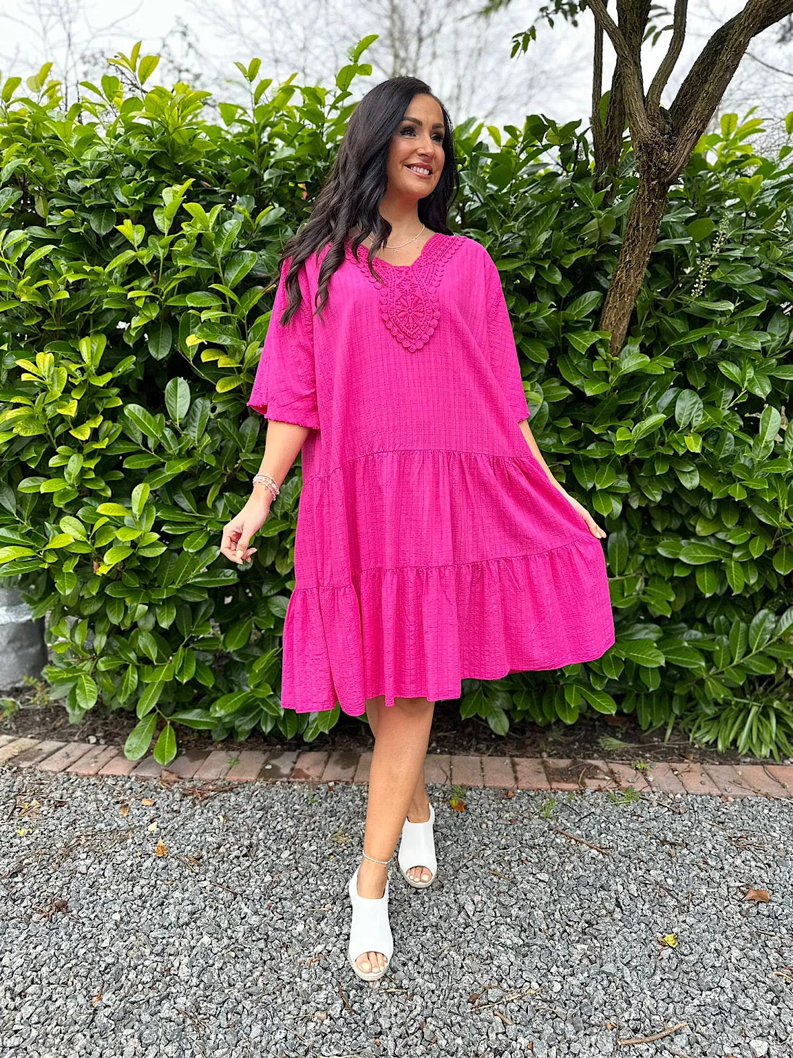 Lipstick Pink Crochet Tiered Tunic Dress Brenda