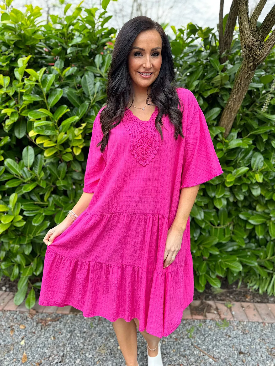 Lipstick Pink Crochet Tiered Tunic Dress Brenda