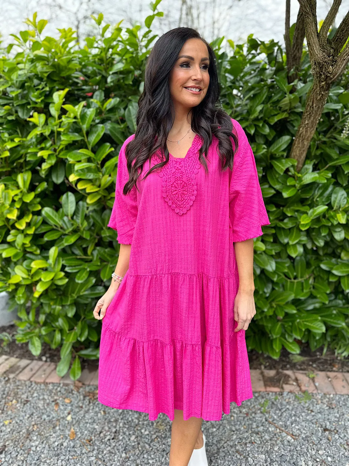 Lipstick Pink Crochet Tiered Tunic Dress Brenda