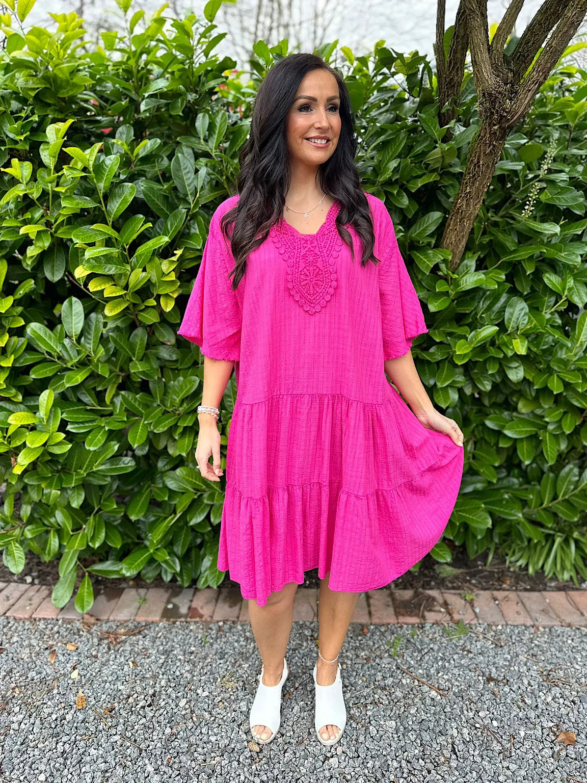 Lipstick Pink Crochet Tiered Tunic Dress Brenda