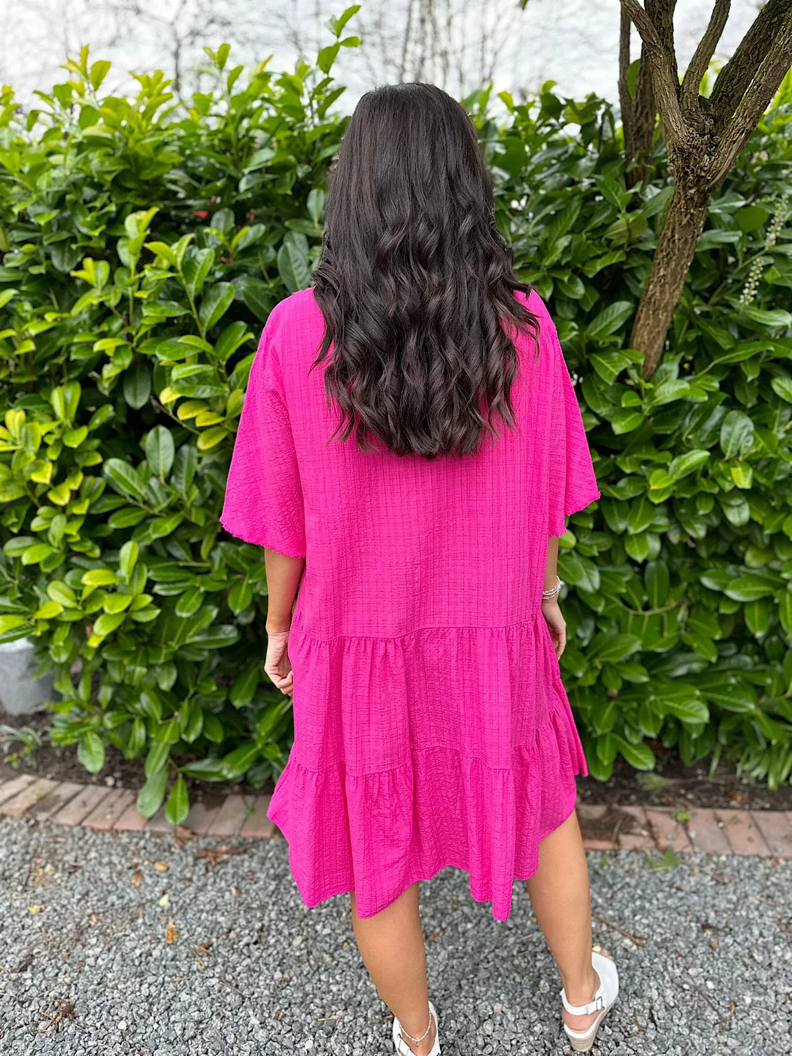 Lipstick Pink Crochet Tiered Tunic Dress Brenda