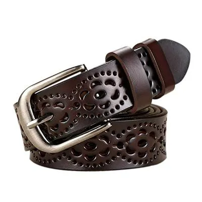 Luxury Women's without Drilling Hollow Genuine Leather Straps Wide Belt