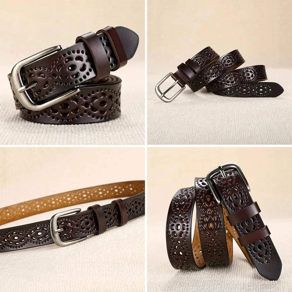 Luxury Women's without Drilling Hollow Genuine Leather Straps Wide Belt