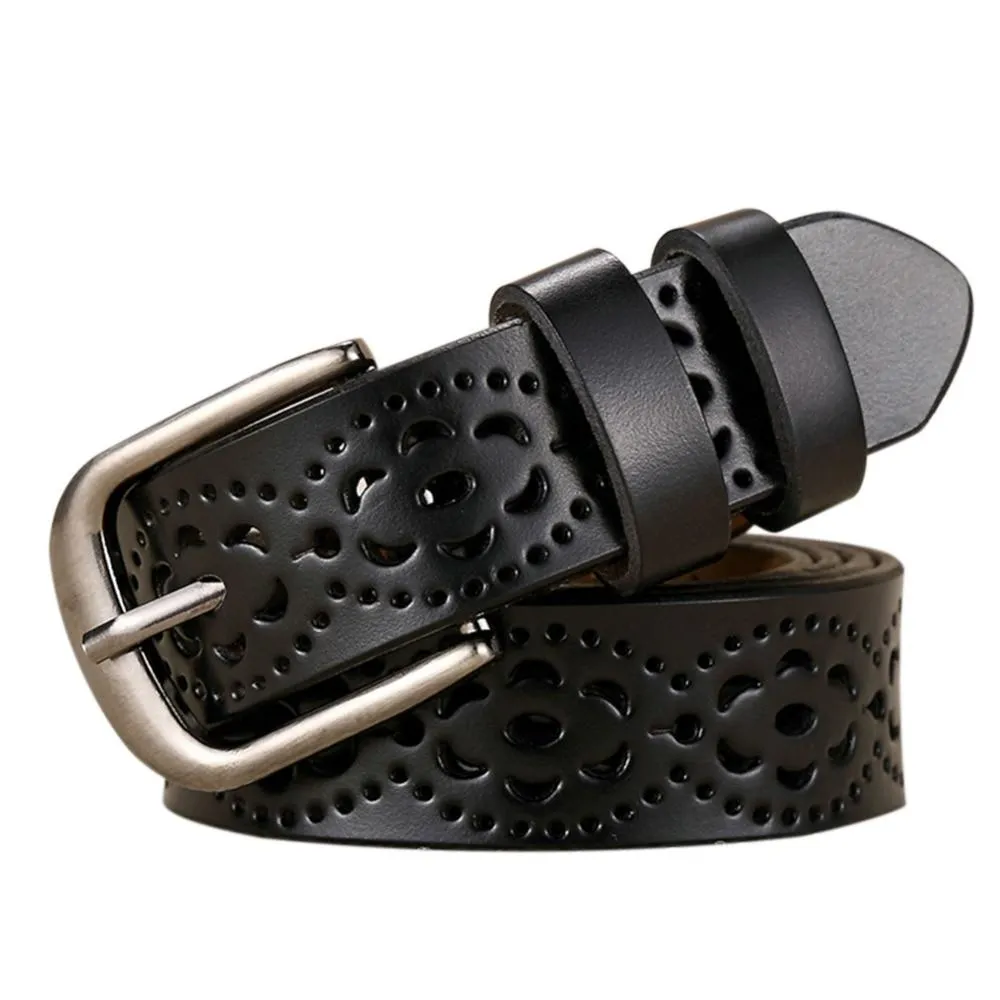 Luxury Women's without Drilling Hollow Genuine Leather Straps Wide Belt