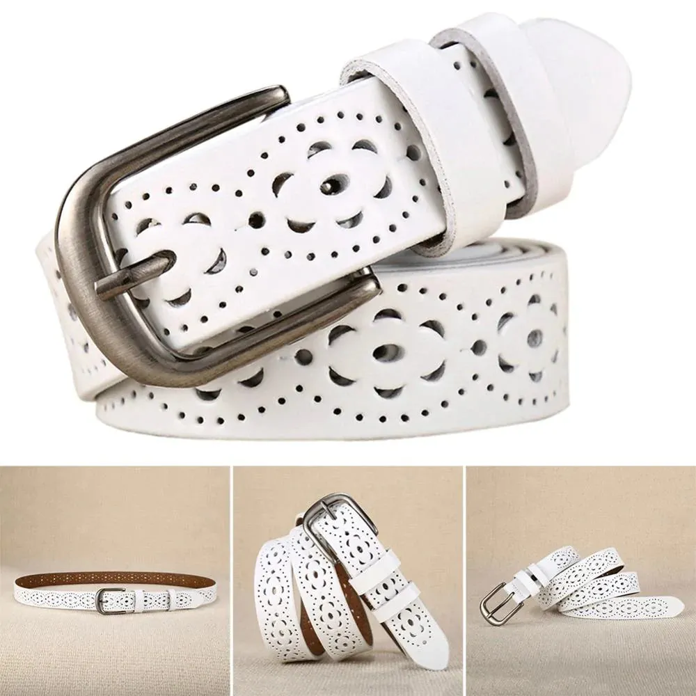 Luxury Women's without Drilling Hollow Genuine Leather Straps Wide Belt