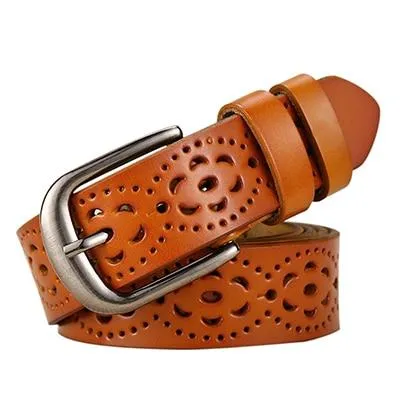 Luxury Women's without Drilling Hollow Genuine Leather Straps Wide Belt