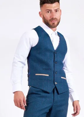 Marc Darcy Dion Blue Tweed Check Waistcoat