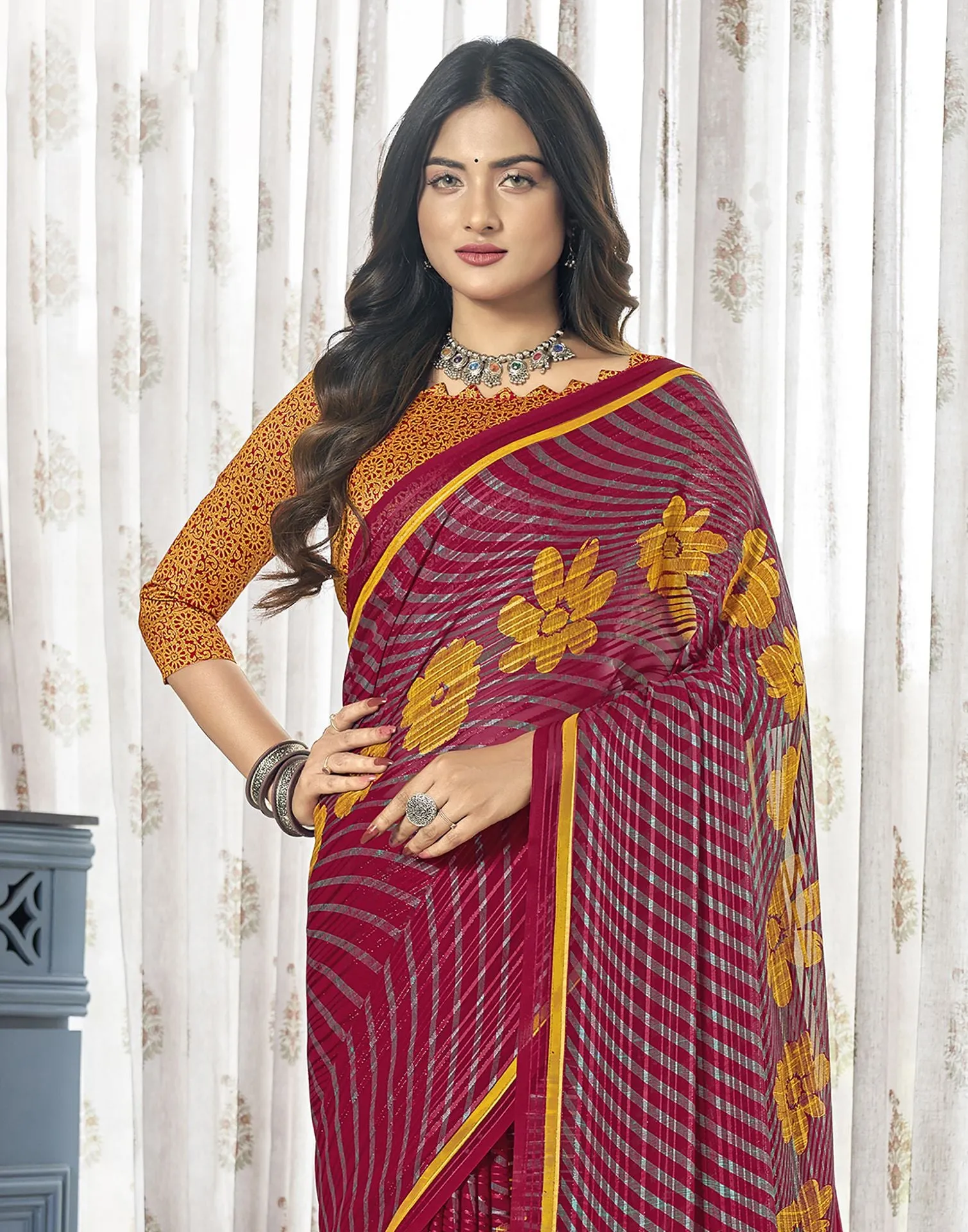 Maroon Printed Saree