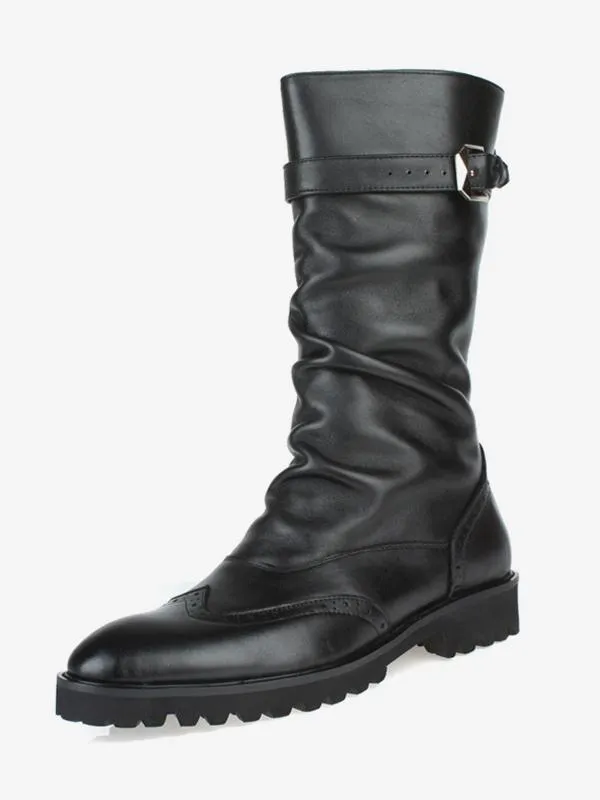 Men's Mid Calf Boots Shoes Work Boots Cowhide Classic Black Boots