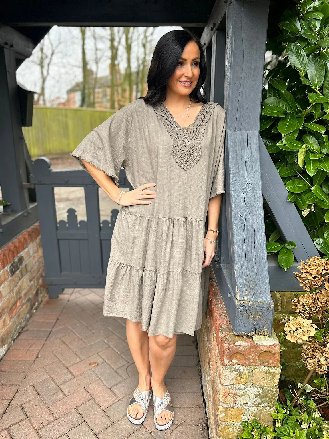 Mocha Crochet Tiered Tunic Dress Brenda