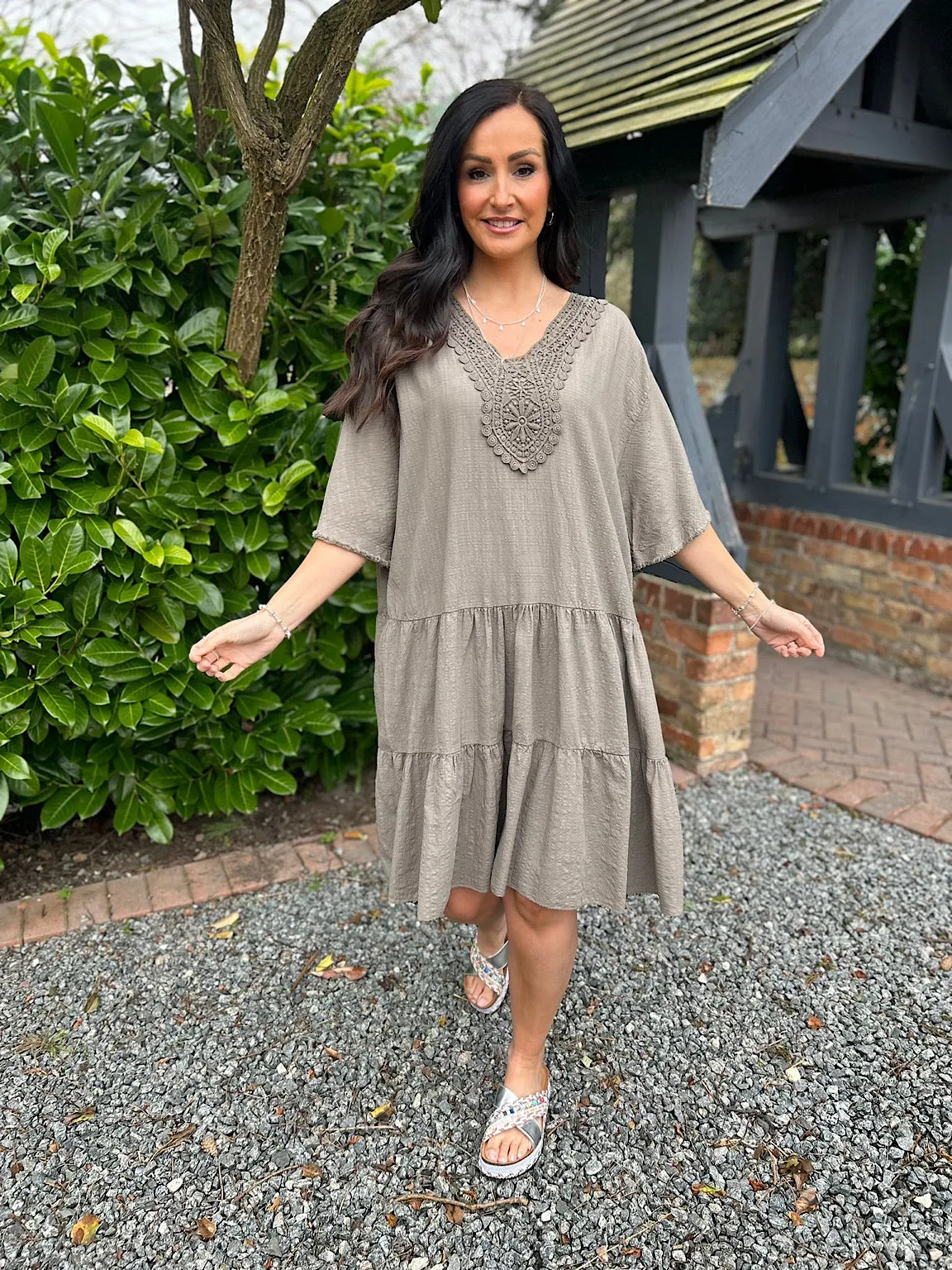 Mocha Crochet Tiered Tunic Dress Brenda